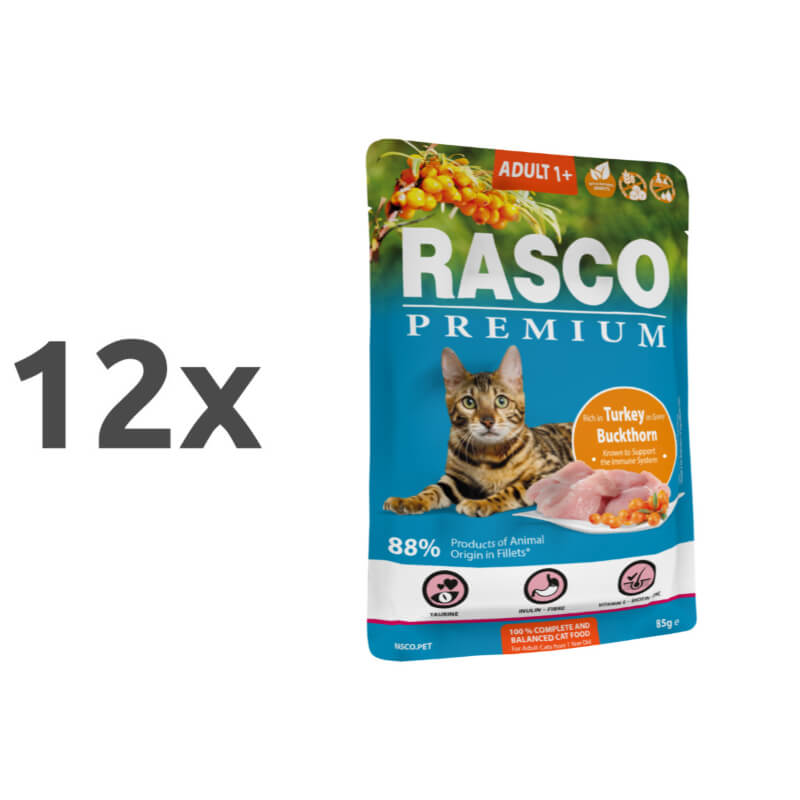 Rasco Premium Cat Adult mesni koščki v omaki - puran in rakitovec - 85 g - 12 x 85 g