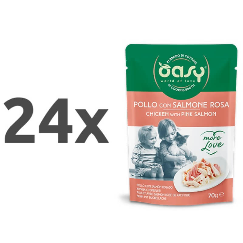 Oasy More Love Adult piščanec in losos v juhi, vrečka - 70 g - 24 x 70 g