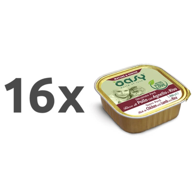 Oasy Tasty Paté Senior piščanec in jagnjetina, paté v posodici - 100 g - 11 x 100 g