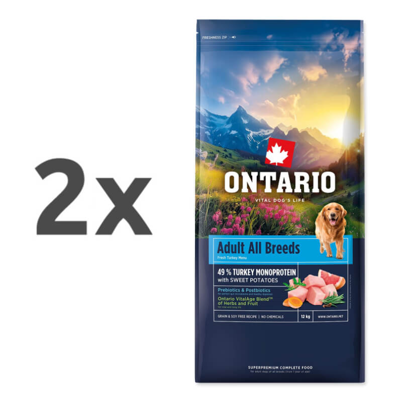 Ontario Adult All Breeds Monoprotein - puran in sladki krompir - 2 x 12 kg