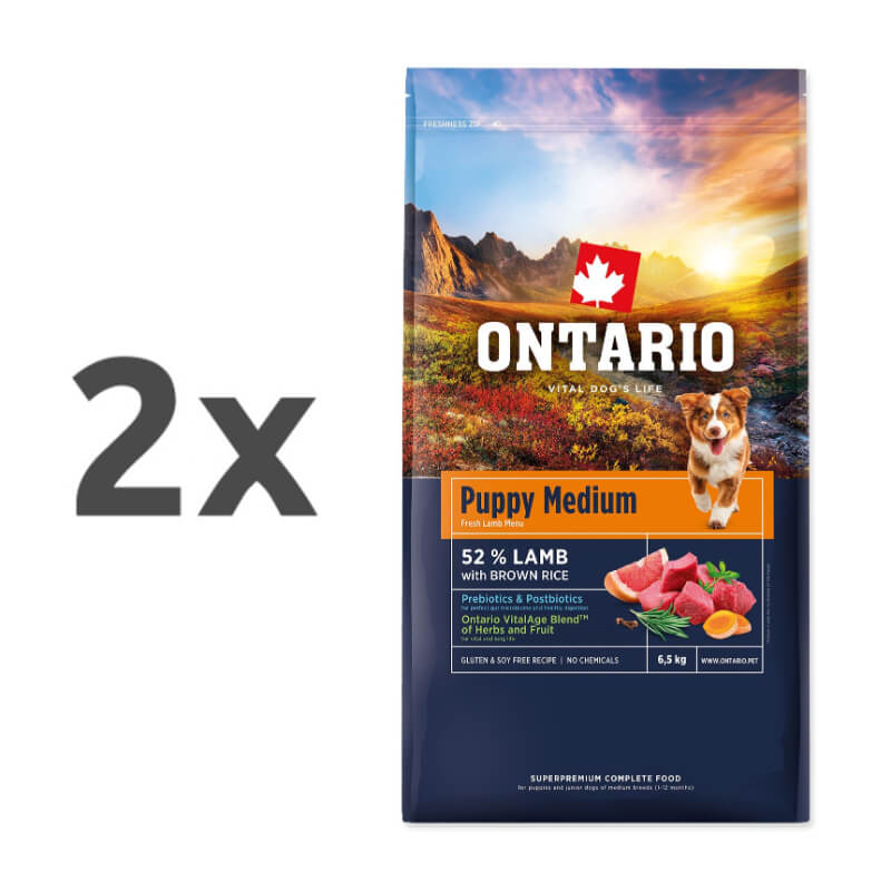Ontario Puppy Medium - jagnjetina in rjavi riž - 2 x 6,5 kg