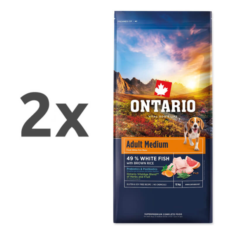 Ontario Adult Medium - bela riba in rjavi riž - 2 x 12 kg