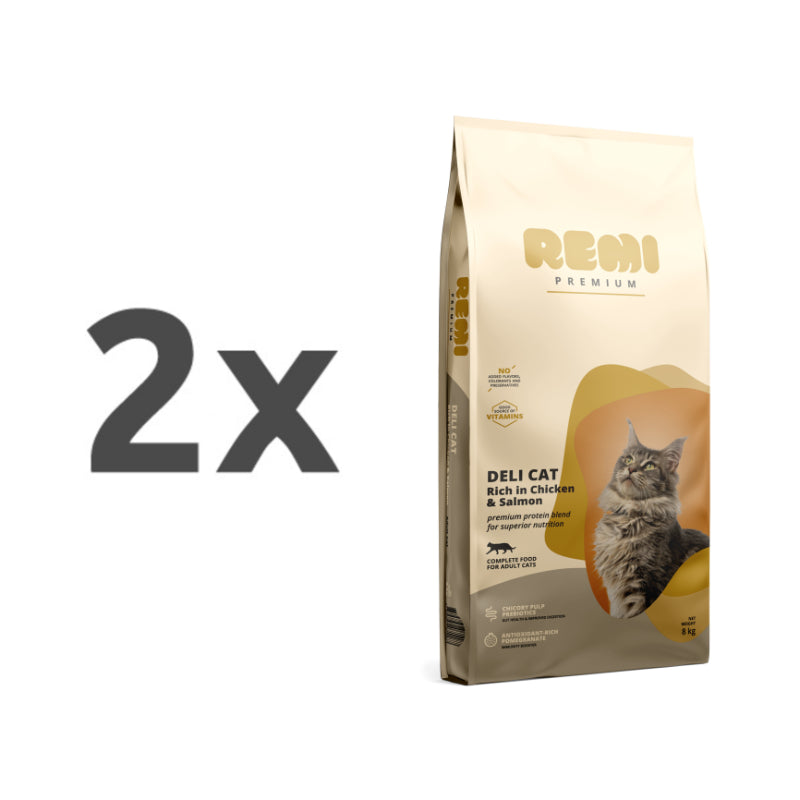 Remi Cat Premium Deli Adult, briketi - piščanec in losos - 2 x 8 kg
