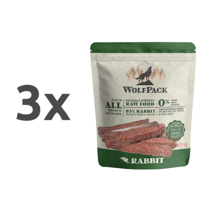 WolfPack Barf surova hrana v obliki palčk, kunec - 1 kg (20 x 50 g) - 3 x 1 kg