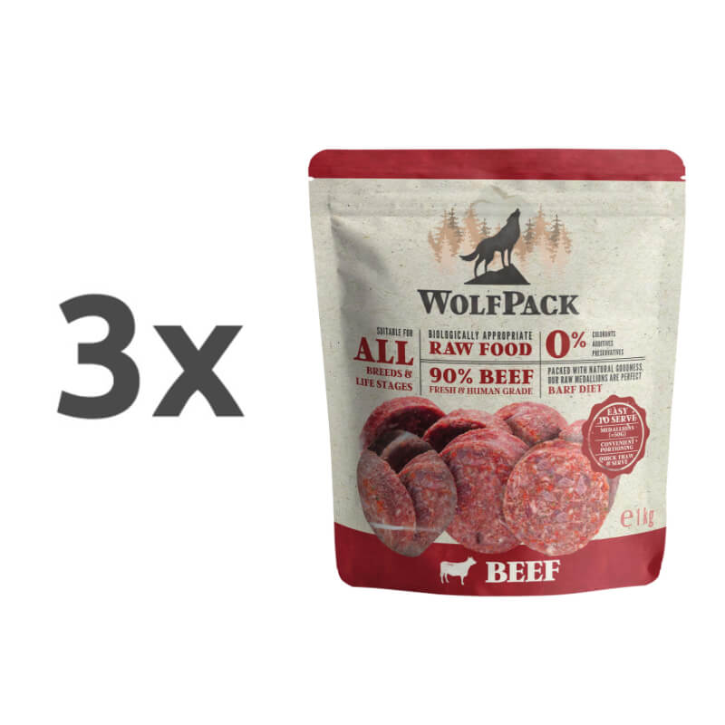WolfPack Barf surova hrana v obliki medaljonov, govedina - 1 kg (20 x 50 g) - 3 x 1 kg