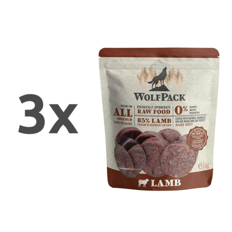 WolfPack Barf surova hrana v obliki medaljonov, jagnjetina - 1 kg (20 x 50 g) - 3 x 1 kg
