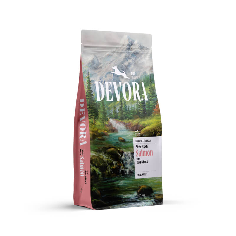 Devora Dog Mini Adult briketi - losos, divjačina in raca - 7,5 kg