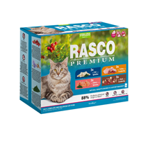 Rasco Premium Cat Multipack Sterilized Adult - koščki mesa, 4 okusi - 12 x 85 g