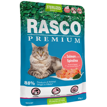 Rasco Premium Cat Sterilized Adult mesni koščki v omaki - losos in spirulina - 85 g