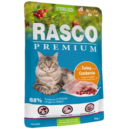 Rasco Premium Cat Sterilized Adult mesni koščki v omaki - puran in brusnice - 85 g