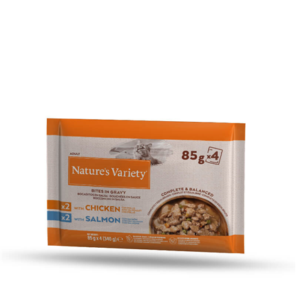 Nature's Variety Cat Adult Multipack koščki v omaki - piščanec, losos - 4 x 85 g
