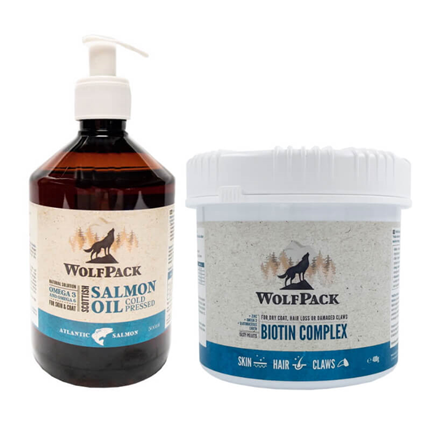 WolfPack paket - lososovo olje 500 ml + Biotin Complex peleti 400 g
