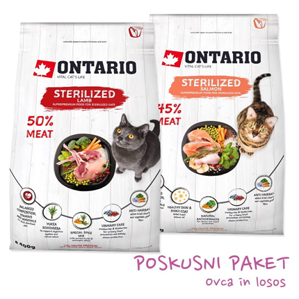 Ontario Cat poskusni paket za sterilizirane mačke - ovca, losos - 2 x 400 g