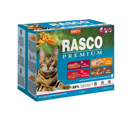 Rasco Premium Cat Multipack Adult - koščki mesa, 4 okusi - 12 x 85 g