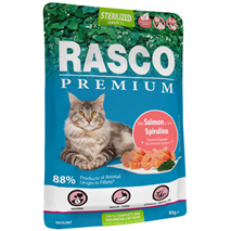 Rasco Premium Cat Sterilized Adult mesni koščki v omaki - losos in spirulina - 85 g