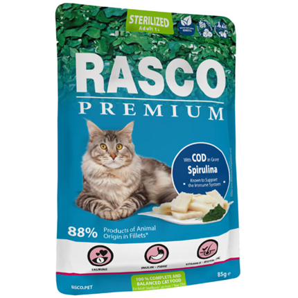 Rasco Premium Cat Sterilized Adult mesni koščki v omaki - polenovka in spirulina - 85 g