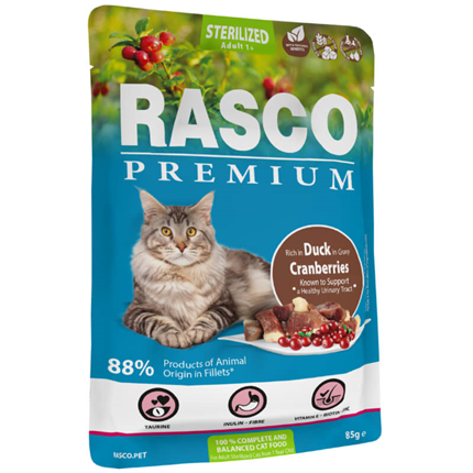 Rasco Premium Cat Sterilized Adult mesni koščki v omaki - raca in brusnice - 85 g