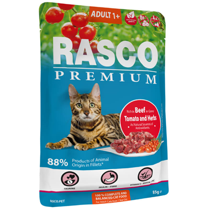 Rasco Premium Cat Adult mesni koščki v omaki - govedina in zelišča - 85 g