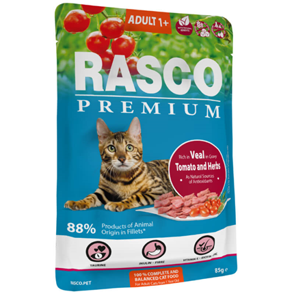 Rasco Premium Cat Adult mesni koščki v omaki - teletina in zelišča - 85 g