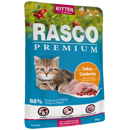 Rasco Premium Kitten mesni koščki v omaki - puran in brusnice - 85 g
