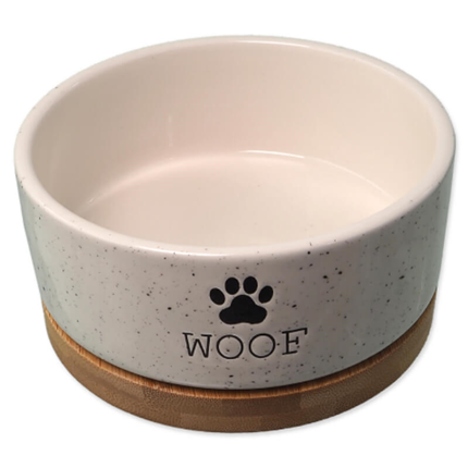 Dog Fantasy keramična posoda WOOF s podstavkom, bela - 13 x 5,5 cm / 400 ml