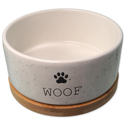 Dog Fantasy keramična posoda WOOF s podstavkom, bela - 16 x 6,5 cm / 850 ml