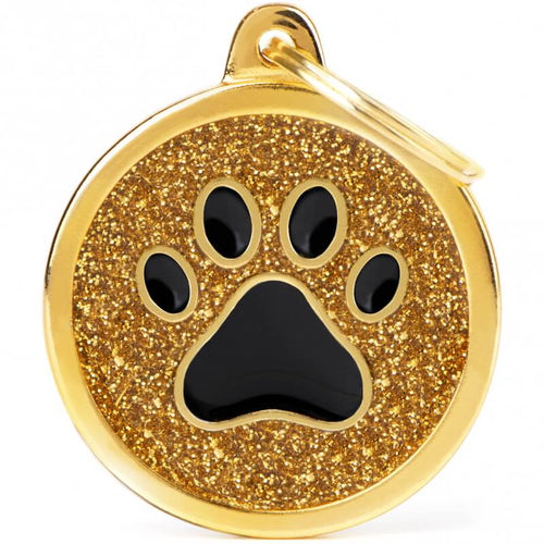 My Family identifikacijski obesek črna šapica z bleščicami, velik krog - GRAVIRANJE GRATIS! - zlata