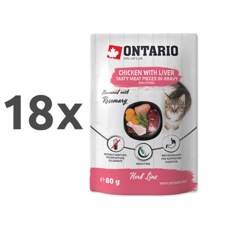 Ontario Kitten Herb Line vrečka - piščanec in jetra - 80 g - 18 x 80 g