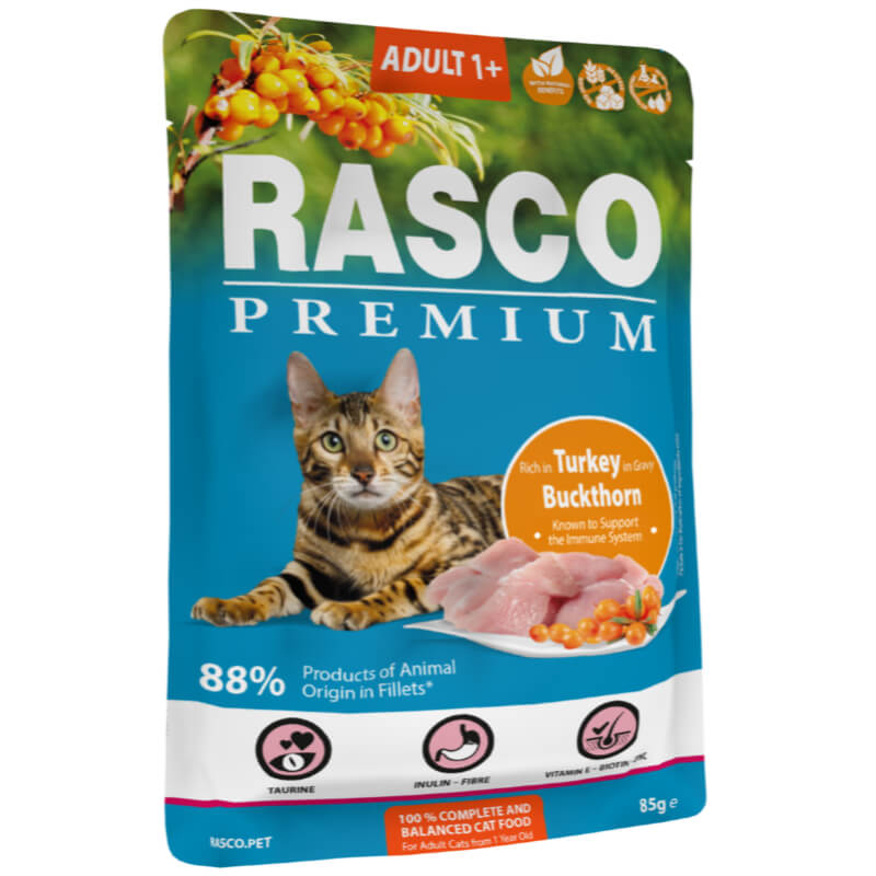 Rasco Premium Cat Adult mesni koščki v omaki - puran in rakitovec - 85 g - 85 g