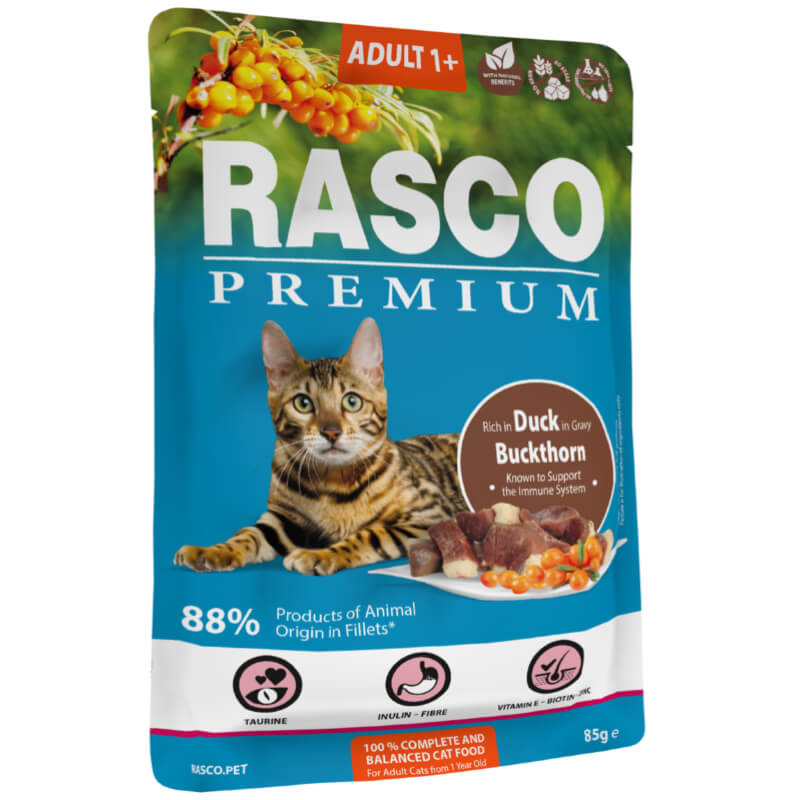 Rasco Premium Cat Adult mesni koščki v omaki - raca in rakitovec - 85 g - 85 g