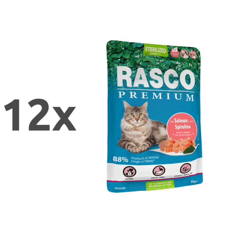 Rasco Premium Cat Sterilized Adult mesni koščki v omaki - losos in spirulina - 85 g - 12 x 85 g