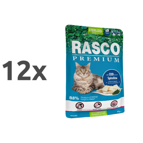 Rasco Premium Cat Sterilized Adult mesni koščki v omaki - polenovka in spirulina - 85 g - 12 x 85 g