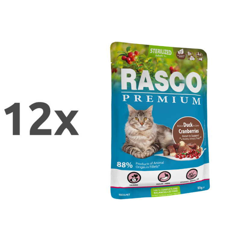 Rasco Premium Cat Sterilized Adult mesni koščki v omaki - raca in brusnice - 85 g - 12 x 85 g