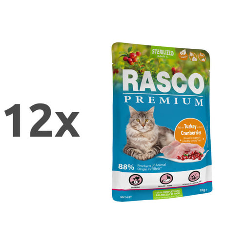 Rasco Premium Cat Sterilized Adult mesni koščki v omaki - puran in brusnice - 85 g - 12 x 85 g