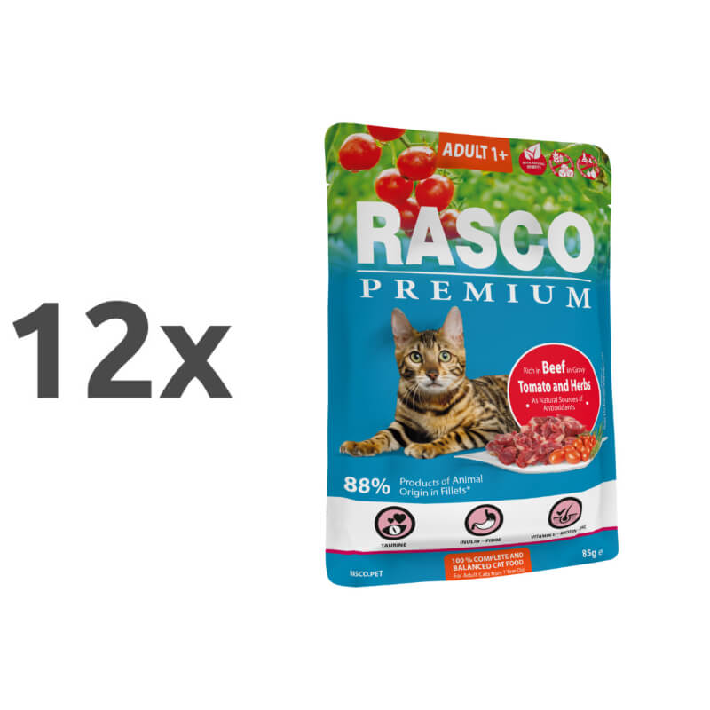 Rasco Premium Cat Adult mesni koščki v omaki - govedina in zelišča - 85 g - 12 x 85 g