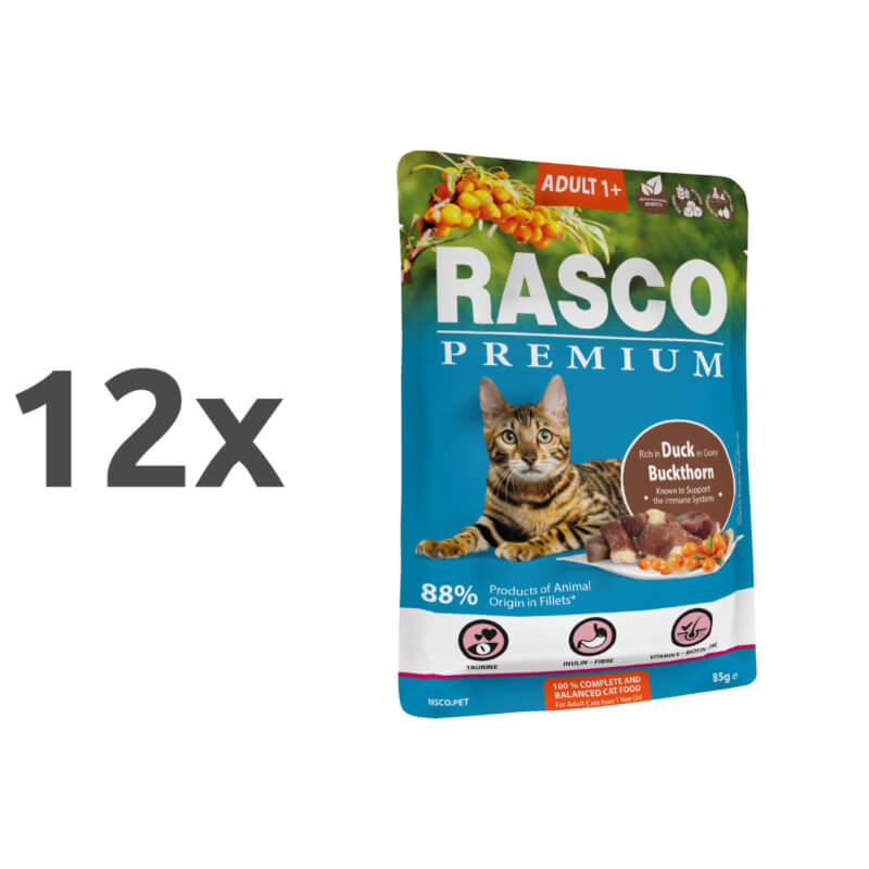 Rasco Premium Cat Adult mesni koščki v omaki - raca in rakitovec - 85 g - 12 x 85 g