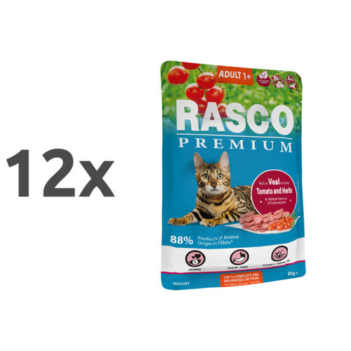 Rasco Premium Cat Adult mesni koščki v omaki - teletina in zelišča - 85 g - 12 x 85 g