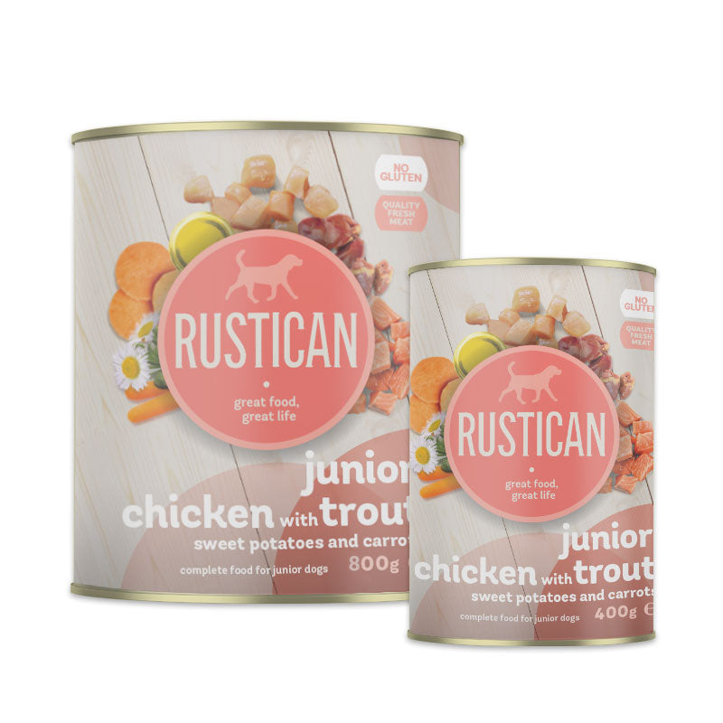 Rustican konzerva Junior - piščanec in postrv – Mr.Pet spletna trgovina