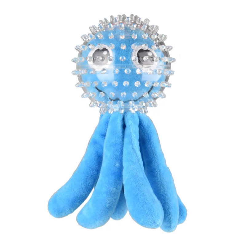 Flamingo plišasta hobotnica + gumi žoga z bodicami, modra - 18,1 cm