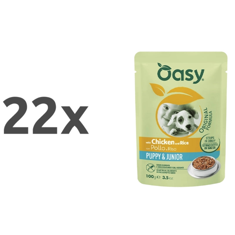Oasy Strips in Gravy Puppy koščki v omaki - piščanec in riž - 100 g - 22 x 100 g