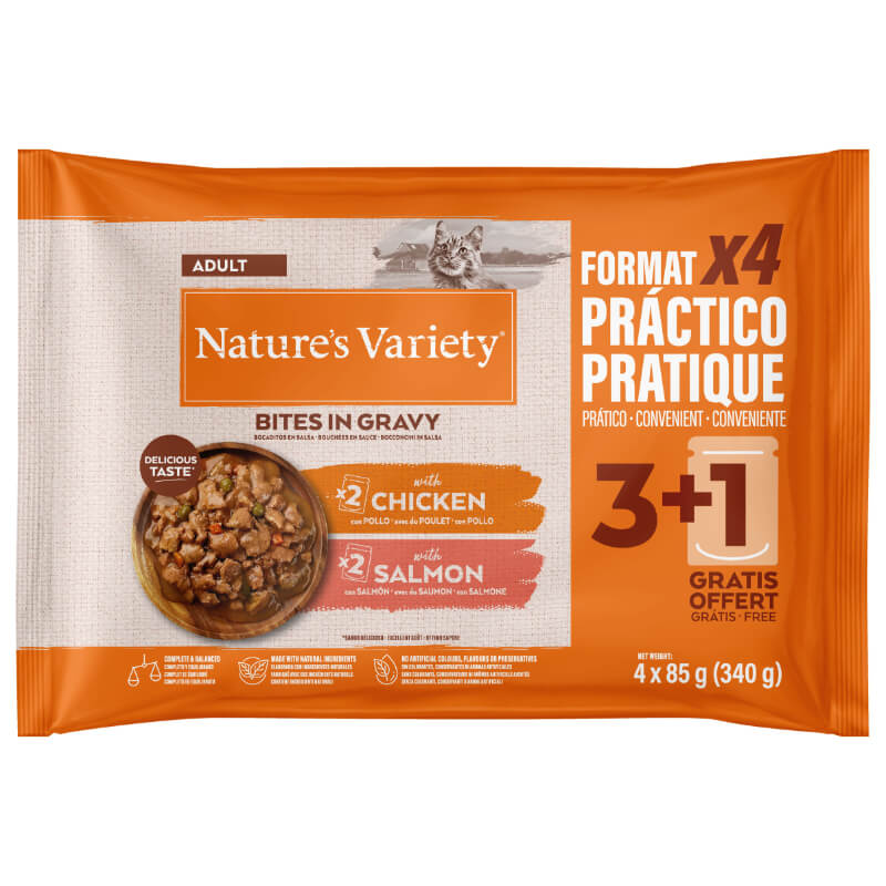 Nature's Variety Cat Adult Multipack koščki v omaki - piščanec, losos - 4 x 85 g