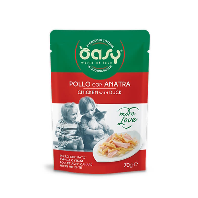 Oasy More Love Adult piščanec in raca v juhi, vrečka - 70 g