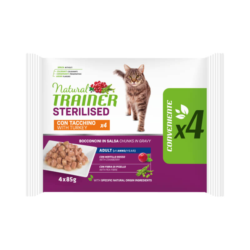 Natural Trainer Cat Multipack Sterilised Adult, vrečka - puran - 4 x 85 g