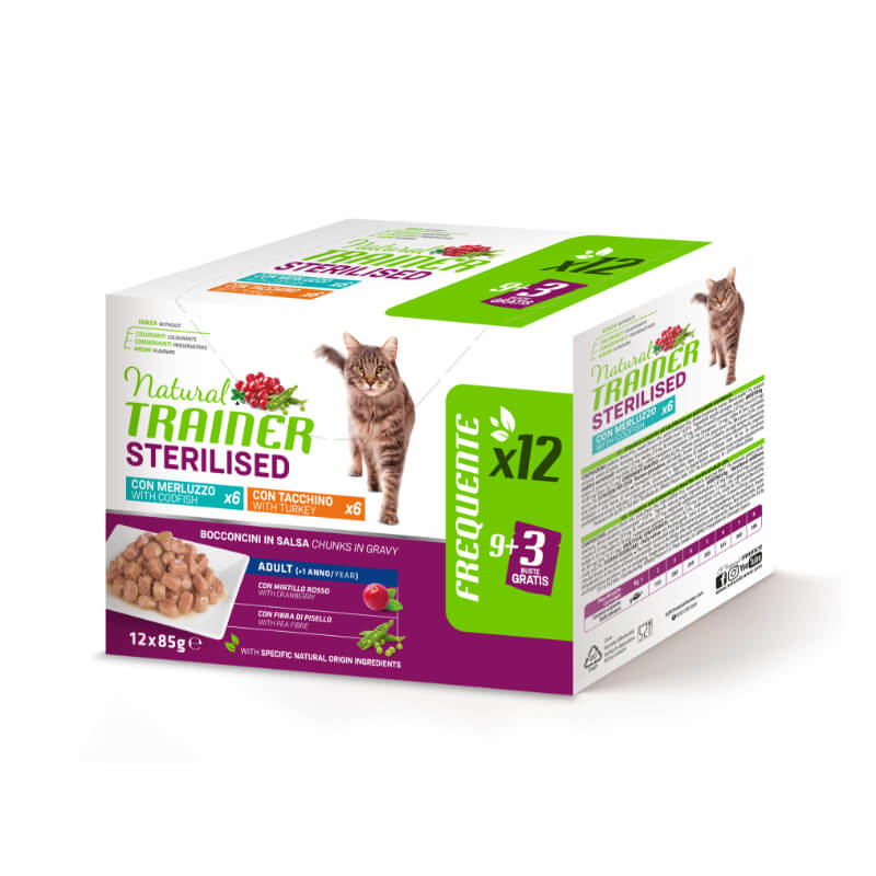 Natural Trainer Cat Multipack Sterilised Adult, vrečka - puran, trska - 12 x 85 g