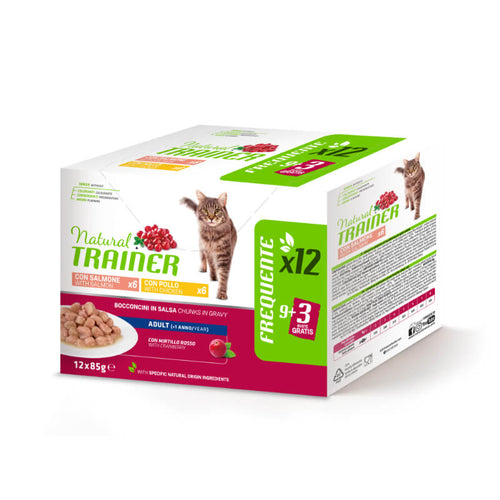 Natural Trainer Cat Multipack Adult, vrečka - piščanec, losos - 12 x 85 g