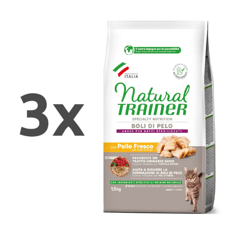 Natural Trainer Cat Hairball Adult, piščanec - različna pakiranja - 3 x 1,5 kg