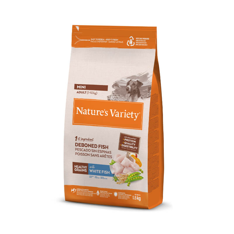 Nature's Variety Healthy Grains Dog Mini Adult, bela riba - 1,5 kg