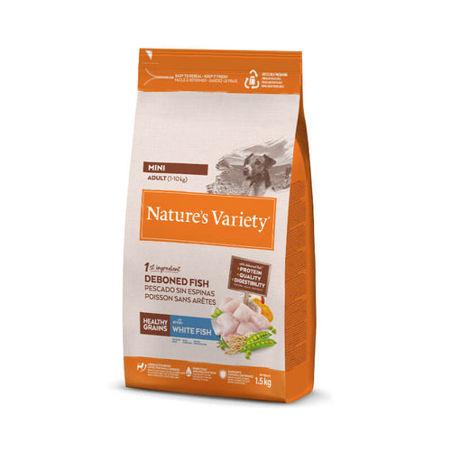 Nature's Variety Healthy Grains Dog Mini Adult, bela riba - 1,5 kg