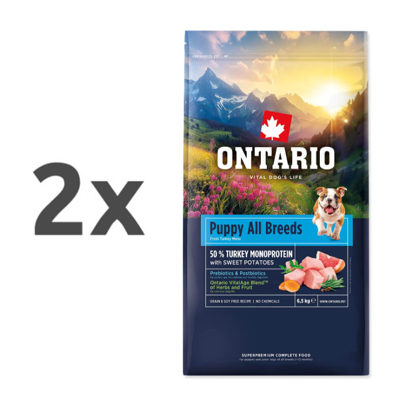 Ontario Puppy All Breeds Monoprotein - puran in sladki krompir - 2 x 6,5 kg