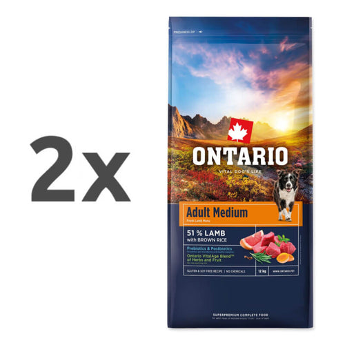Ontario Adult Medium - jagnjetina in rjavi riž - 2 x 12 kg